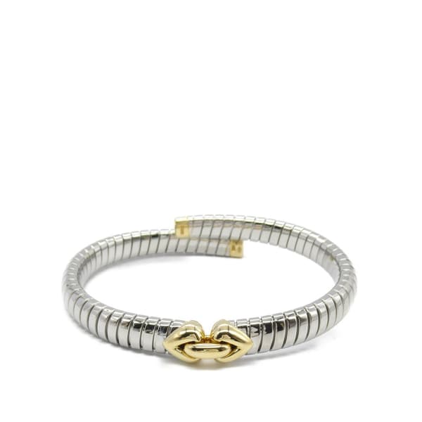 Pre-owned Bvlgari Stainless Steel and 18K Yellow Gold Tubogas Hearts Open Flex Bangle Silver