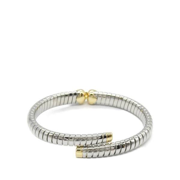 Pre-owned Bvlgari Stainless Steel and 18K Yellow Gold Tubogas Hearts Open Flex Bangle Silver