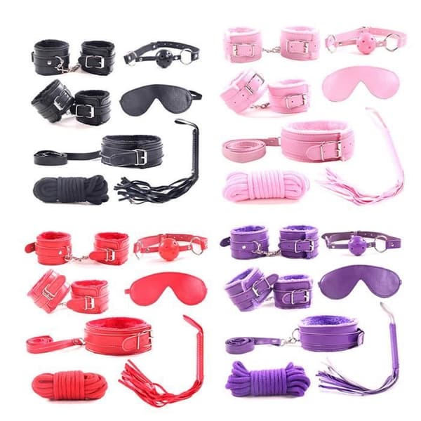 7 st/set Vuxen Sex Bondage SM Kit Handbojor Piska Ball Gag Rope Cosplay Sexleksaker Diskret förpackad Lila