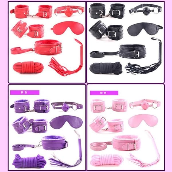 7 st/set Vuxen Sex Bondage SM Kit Handbojor Piska Ball Gag Rope Cosplay Sexleksaker Diskret förpackad Lila