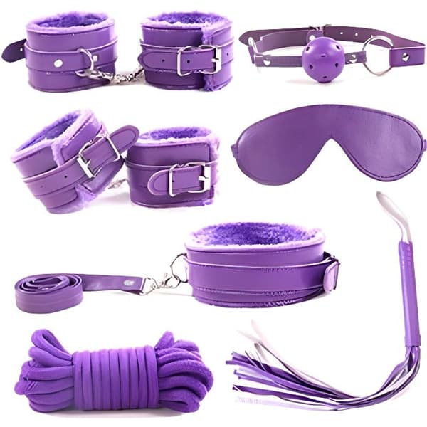 7 st/set Vuxen Sex Bondage SM Kit Handbojor Piska Ball Gag Rope Cosplay Sexleksaker Diskret förpackad Lila