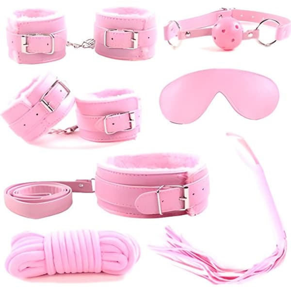 7 st/set Vuxen Sex Bondage SM-satser Handbojor Whip Ball Gag Rope Cosplay Sexleksaker Diskret förpackad rosa