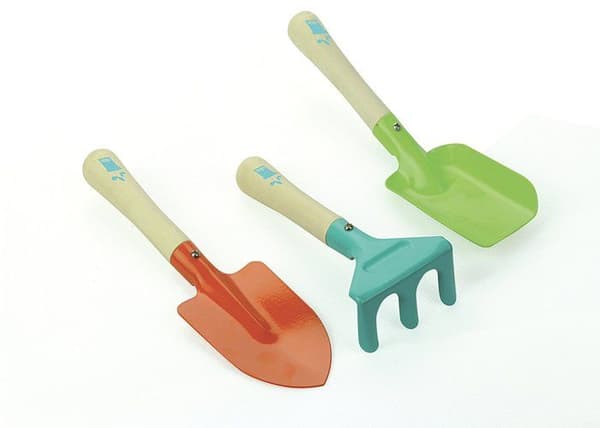Set med 3 VILAC trädgårdsredskap för barn i trä och metall - spade, kratta, hacka - grön