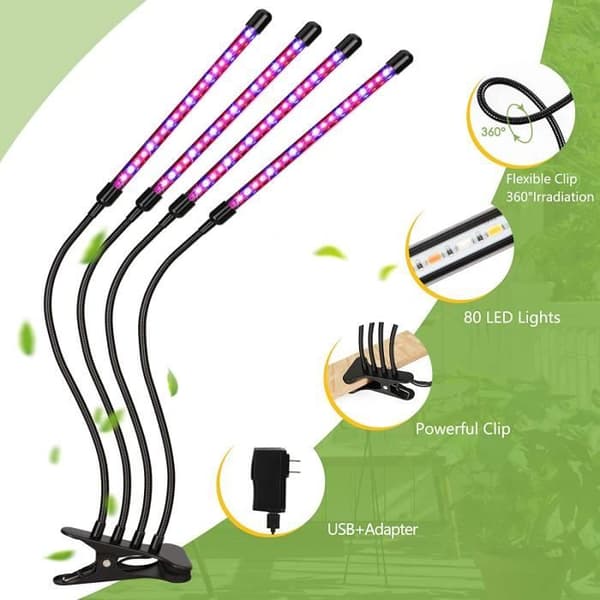 LED Växtlampa för växande och blomning med 360° justerbar klämma, 3/9/12H cykeltimer, 3 lägen, 9 ljusstyrkor.