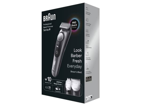 Braun BeardTrimmer BT9420, Tvättbar, Batteri, Svart, Grå