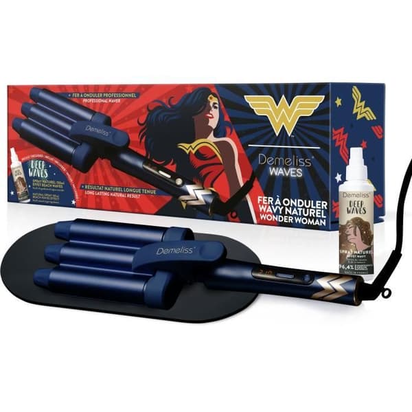 DEMELISS vågjärn - Waver design wonder woman - 3 cylindrar - 28mm - 120°c till 210°c - termoisolerande spetsar - automatisk avstängning 60 mi