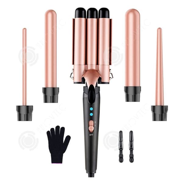 INN 5 i 1 roséguld locktång set multifunktionellt med 5 utbytbara locktång 2 nivåer justering Hårrullare