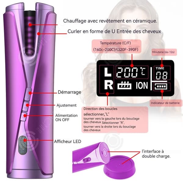 INN locktång 5200mAh sladdlös automatisk locktång med 5 justerbara temperaturlägen USB-laddningsbar för resor