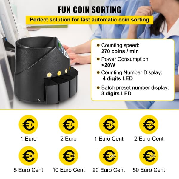 Euro myntsorterare, höghastighetsräkning, stor hopperkapacitet, energieffektiv.