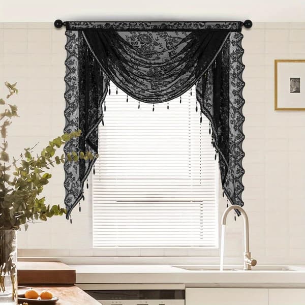 Kukka Vintage Verho Puoliläpinäkyvä pitsiverho helmitupsukoristeella Wave Sheer Curtain Tang Pocket Design