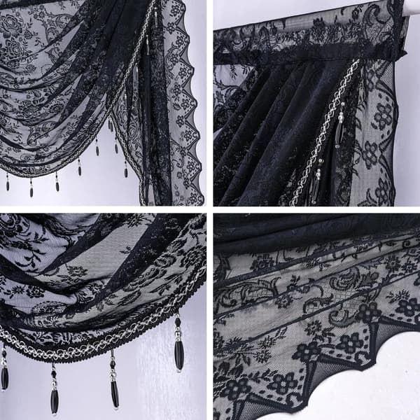 Kukka Vintage Verho Puoliläpinäkyvä pitsiverho helmitupsukoristeella Wave Sheer Curtain Tang Pocket Design