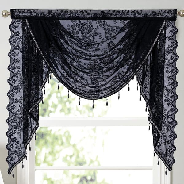 Kukka Vintage Verho Puoliläpinäkyvä pitsiverho helmitupsukoristeella Wave Sheer Curtain Tang Pocket Design