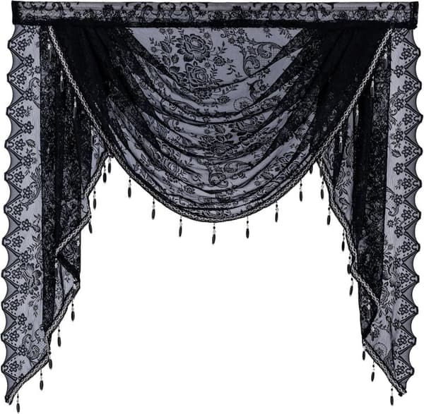 Kukka Vintage Verho Puoliläpinäkyvä pitsiverho helmitupsukoristeella Wave Sheer Curtain Tang Pocket Design Musta 2.5M