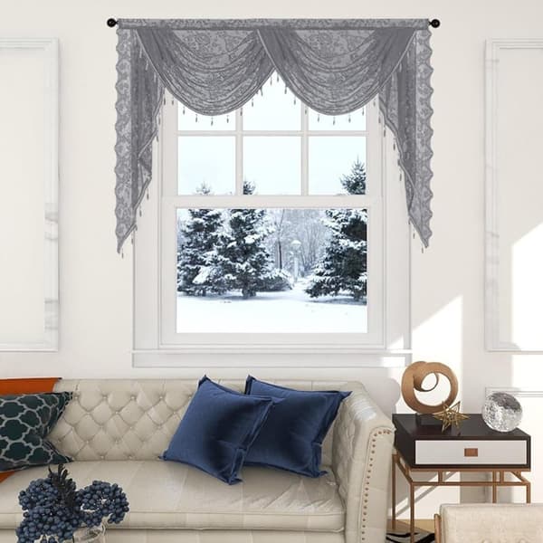 Kukka Vintage Verho Puoliläpinäkyvä pitsiverho helmitupsukoristeella Wave Sheer Curtain Tang Pocket Design