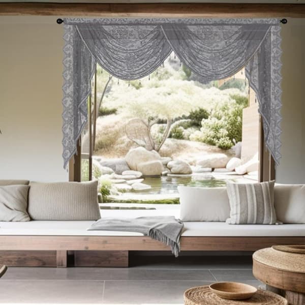 Kukka Vintage Verho Puoliläpinäkyvä pitsiverho helmitupsukoristeella Wave Sheer Curtain Tang Pocket Design