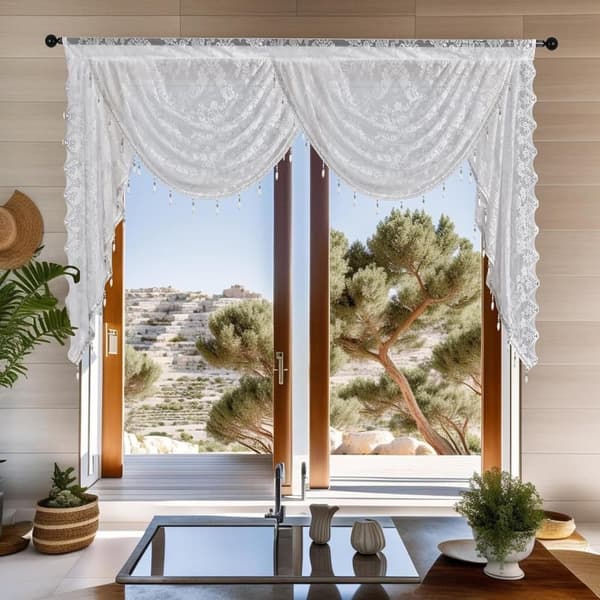 Kukka Vintage Verho Puoliläpinäkyvä pitsiverho helmitupsukoristeella Wave Sheer Curtain Tang Pocket Design