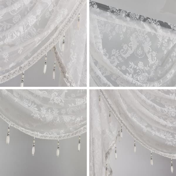 Kukka Vintage Verho Puoliläpinäkyvä pitsiverho helmitupsukoristeella Wave Sheer Curtain Tang Pocket Design