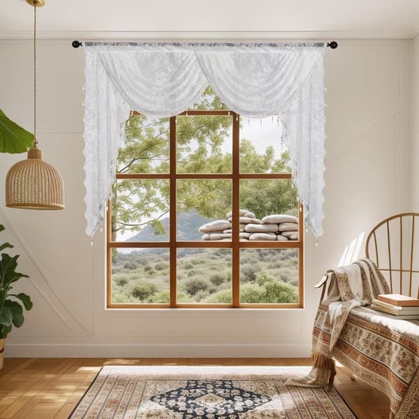 Kukka Vintage Verho Puoliläpinäkyvä pitsiverho helmitupsukoristeella Wave Sheer Curtain Tang Pocket Design
