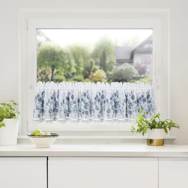 Valmiit verhot POLA 150x30 Eurofirany valkoiset siniset kukat