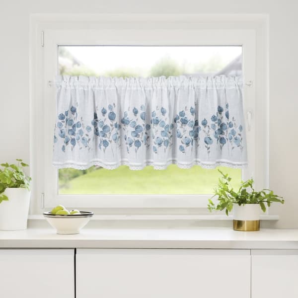 Valmiit verhot POLA 150x60 Eurofirany valkoiset siniset kukat