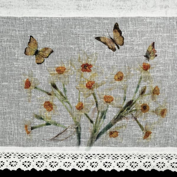 Valmiit verhot FLORA 150x30 Eurofirany valkoiset keltaiset narsissit perhoset
