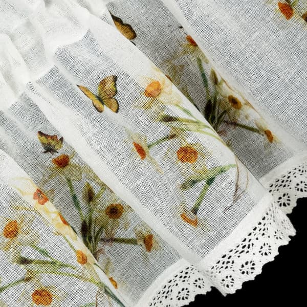 Valmiit verhot FLORA 150x30 Eurofirany valkoiset keltaiset narsissit perhoset