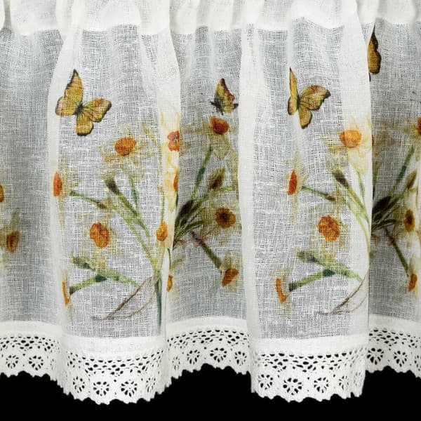 Valmiit verhot FLORA 150x30 Eurofirany valkoiset keltaiset narsissit perhoset