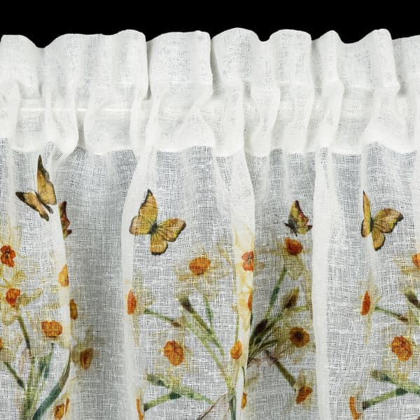Valmiit verhot FLORA 150x30 Eurofirany valkoiset keltaiset narsissit perhoset
