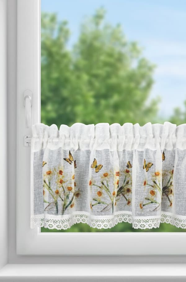 Valmiit verhot FLORA 150x30 Eurofirany valkoiset keltaiset narsissit perhoset