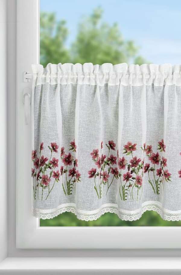 Färdiga gardiner ISA 150x60 Eurofirany vita vinröda blommor