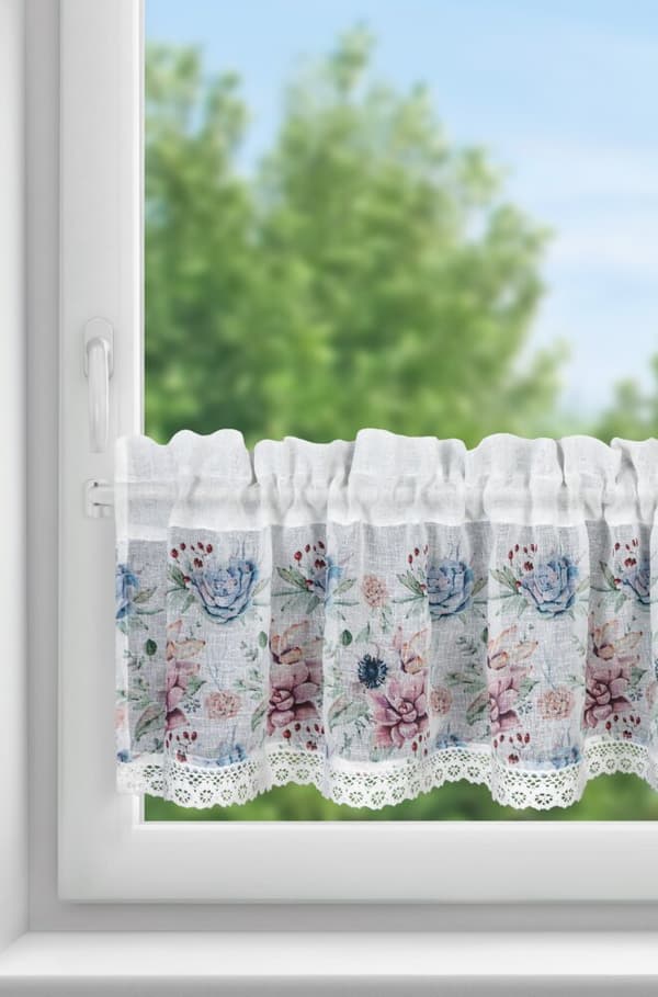 Færdiglavet gardin DORA 150x30 Eurofirany hvide lyserøde blå blomster