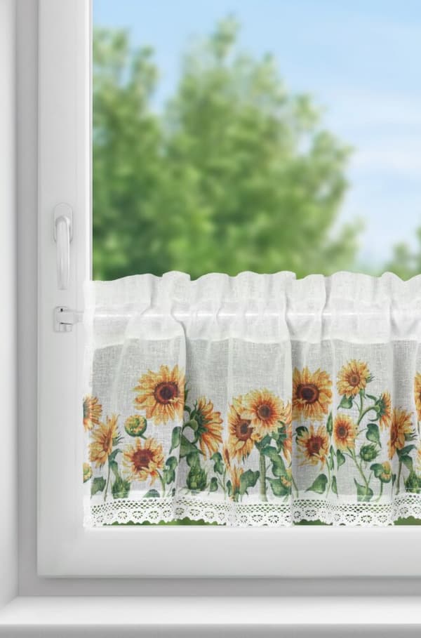 Valmiit verhot HELIA 150x30 Eurofirany valkoiset keltaiset auringonkukat