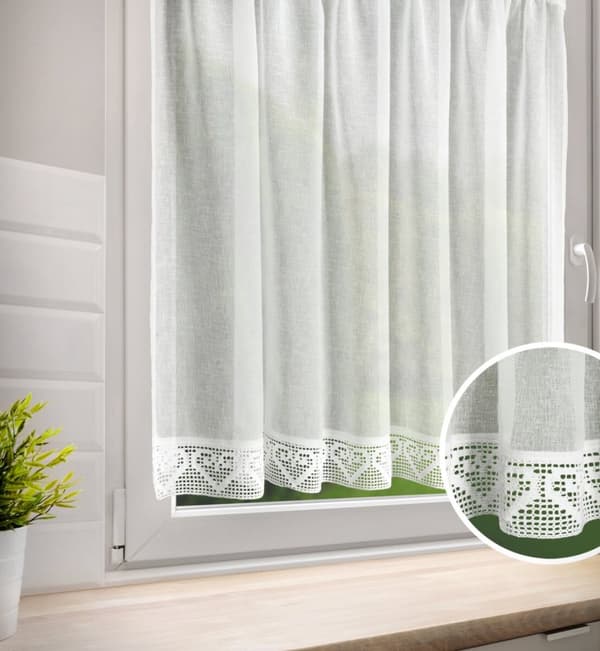 Färdig gardin GABI 150x90 Eurofirany kräm + spets i hjärtan