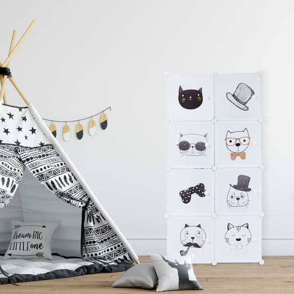 Relaxdays hylla för barnrum, kattmotiv, 7 fack, klädstång HxlxD: 145 x 74 x 36,5 cm, vit
