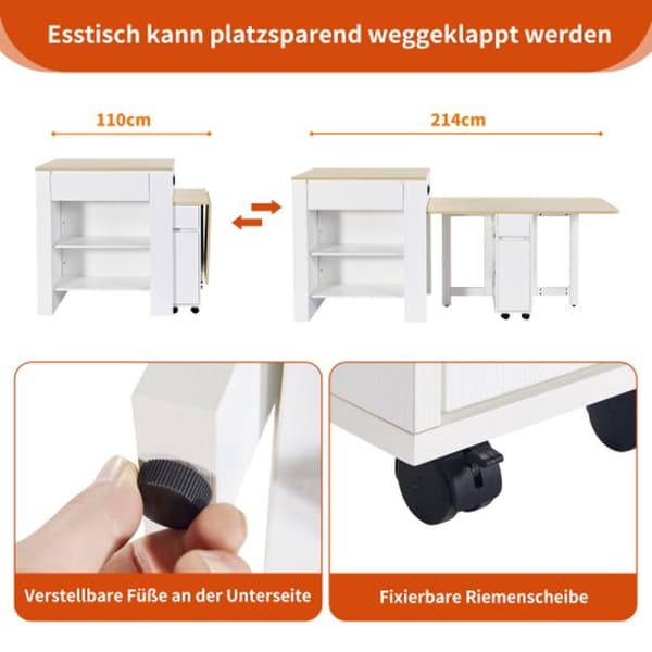 Uttdragbar stång med förvaringsutrymme (110-124 x 78 x 97,5 cm), vit