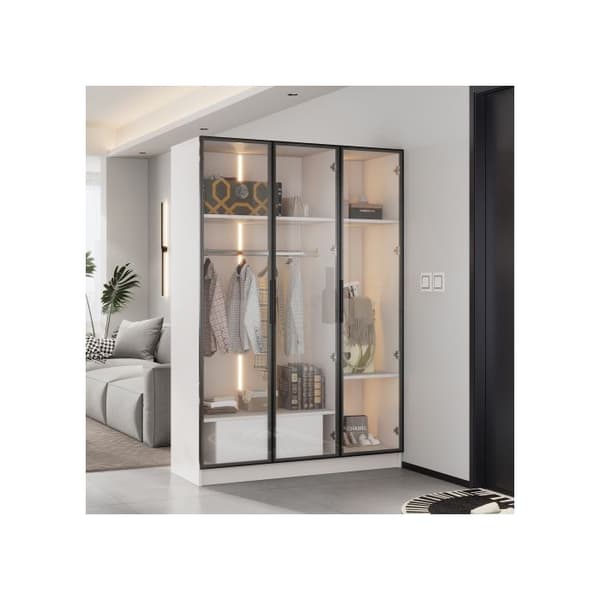 Rymlig vit garderob med 3 glasdörrar, 1 låda och 1 klädstång - 110*50*160 cm - med LED-belysning