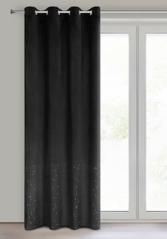 Færdiglavet gardin Ariadna 140x250 sort fløjl dekoreret med diamanter på øjer Eurofirany