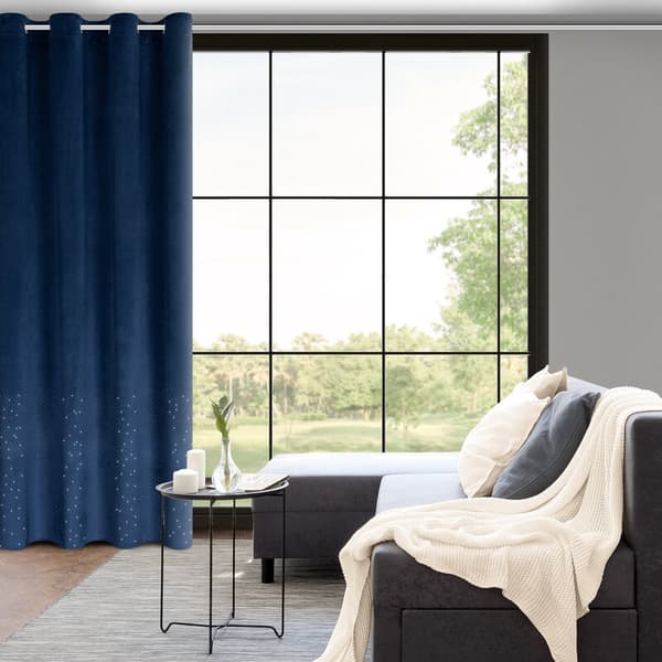 Færdiglavet Ariadna gardin 140x250, marineblå velour, dekoreret med diamanter på øjer Eurofirany