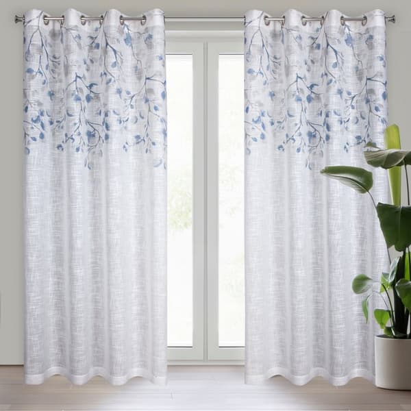 Gardin 140x250 Ana, vit, marinblå, med tryck och glänsande tråd, redo med Eurofirana-öglor