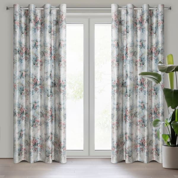 Gardin 140x250 Marisa grön rosa sammet med ett blommönster redo med öljetter Eurofirany