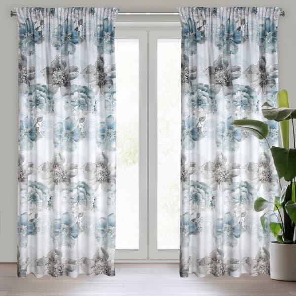 Gardin 140x270 Vivian turkos beige blommor velour färdig på tejp Eurogardiner