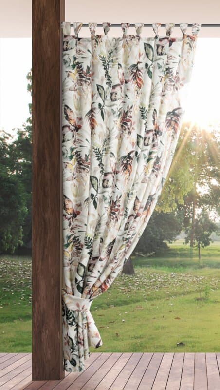 Valmiit verhot 155x220 Garden 2, valkoiset, värikkäät lehdet puutarhaan, vedenpitävä, kiinnitetään henkselit/tarranauhalla Eurofirany