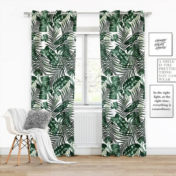 Färdig gardin med genomföringar 140x250, vit, grön Monstera palmblad, Jungle