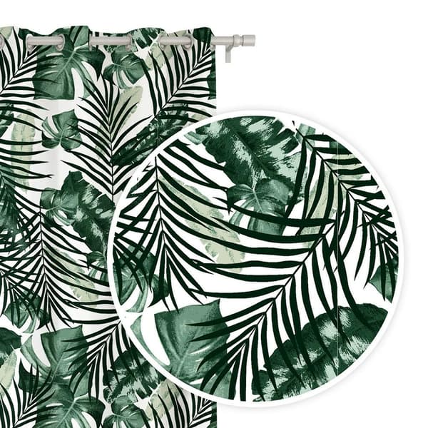 Färdig gardin med genomföringar 140x250, vit, grön Monstera palmblad, Jungle