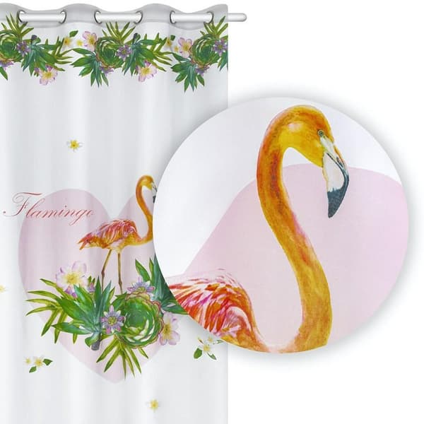 Färdiggjord gardin Flamingos 140x250 palmer blommor hjärta vit rosa orange grön med genomföringar ungdom Havanna
