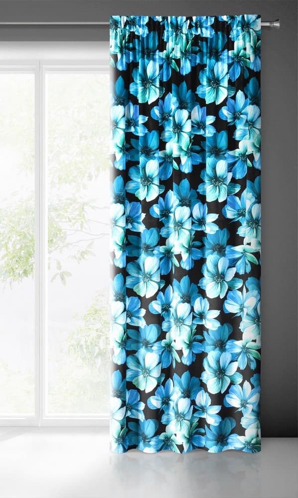 Gardin 140x270 Kleo svarta blå blommor färdiga på sammetstejp Eurofirany