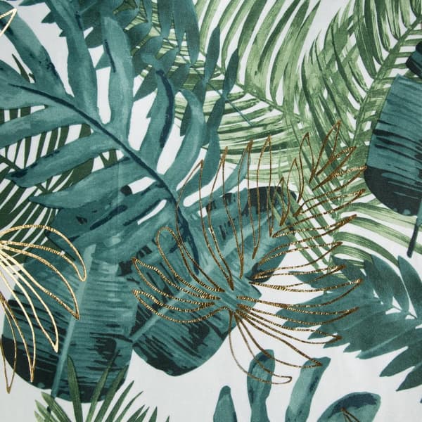 Gardin 140x250 Davos hvid grøn monstera blade guld fløjl klar med øjer Eurogardiner