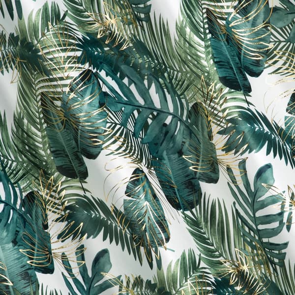 Gardin 140x250 Davos hvid grøn monstera blade guld fløjl klar med øjer Eurogardiner