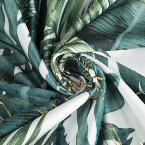 Gardin 140x250 Davos hvid grøn monstera blade guld fløjl klar med øjer Eurogardiner