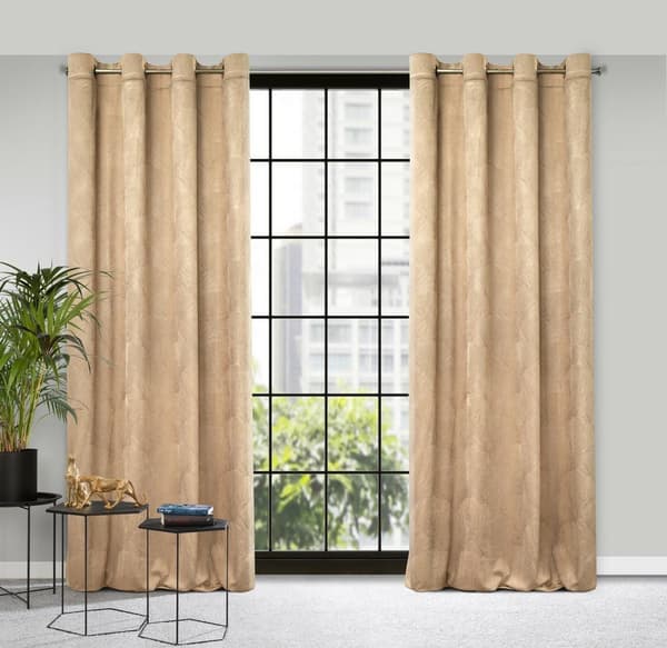 Gardin 140x250 Goja beige sammet ginkgo blad på genomföringar Pierre Cardin med ett glänsande tryck Eurogardiner